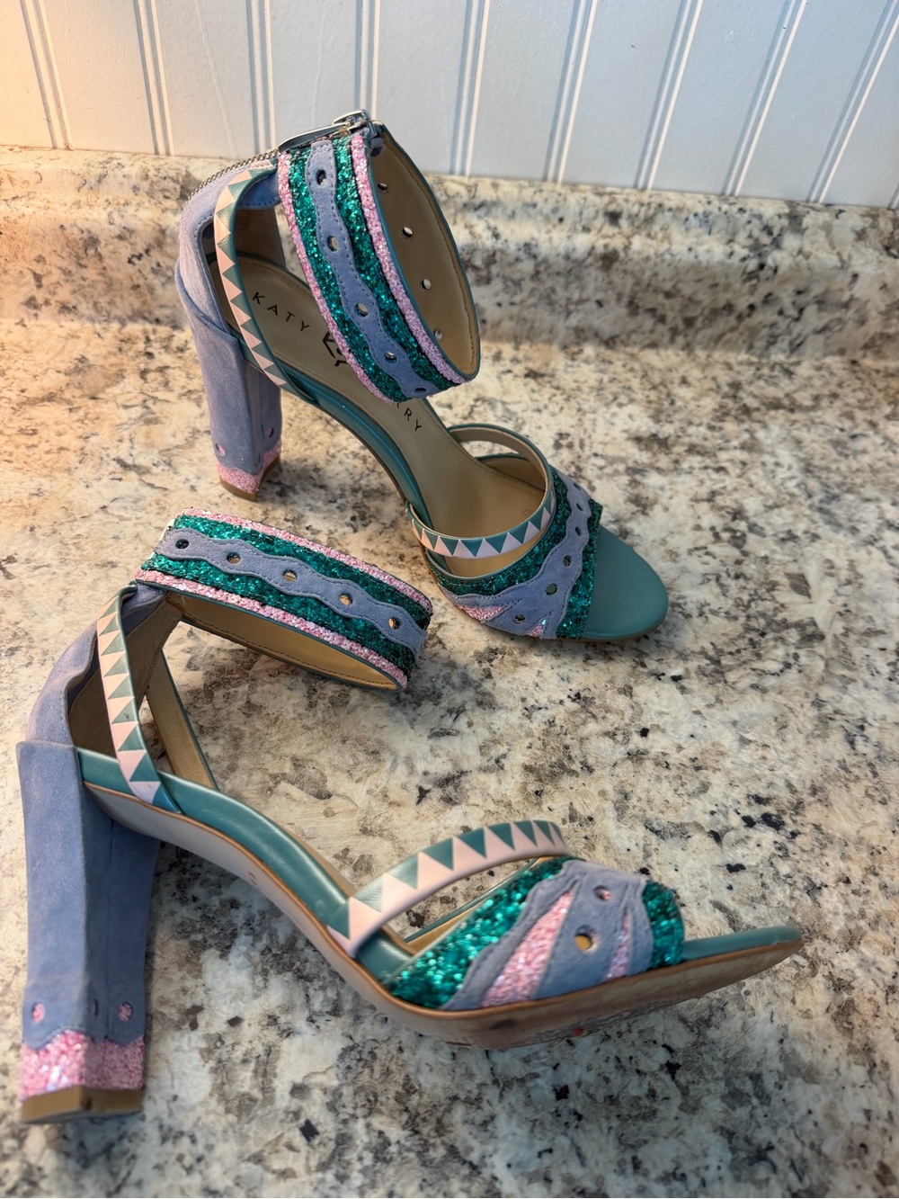 Katy Perry Collections Kai Teal, Lavender & Pink Chunky Heel Sandals Mermaid - Picture 2 of 10